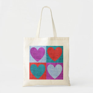 Purple Green and Red Checked Heart Pattern Tote Bag