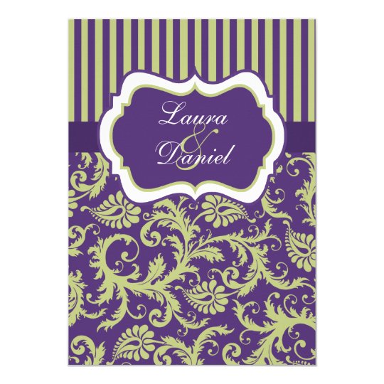 Purple, Green, and White Damask Wedding Invitation