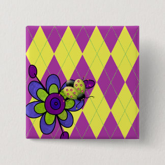 Purple & Green Argyle Ladybug & Flower 2 Inch Square Button