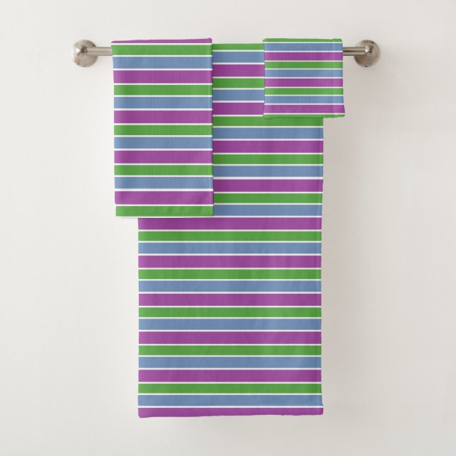 Purple Green Blue Striped Bath Towel Set (Insitu)
