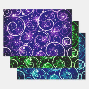 Purple Green & Blue Winter Swirl Motif Wrapping Paper Sheet