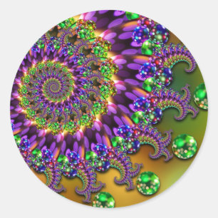 Purple & Green Bokeh Fractal Pattern Classic Round Sticker