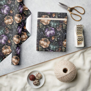Purple Green Bronze Pumpkins Birthday Wrapping Paper