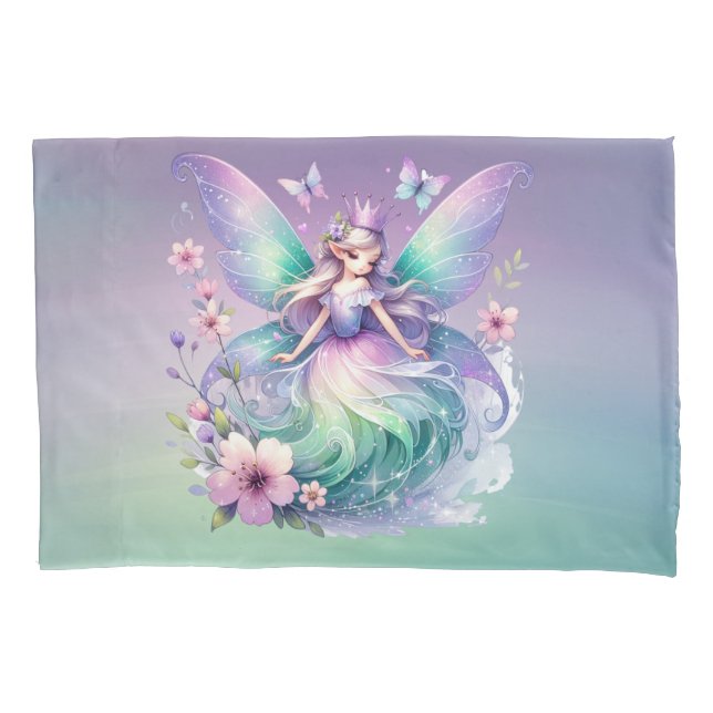 Purple Green Butterfly Fairy Princess Girls Pillowcase (Front)