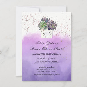 Purple Green Cactus Succulent Monogram Wedding Invitation