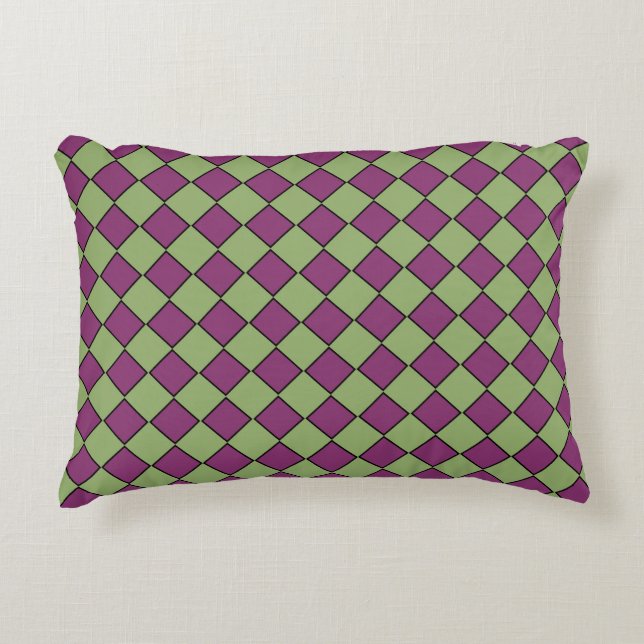Purple Green Chequered Diamond Pattern Accent Pillow (Front)