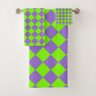 Purple Green Chequered Diamond Pattern Bath Towel Set