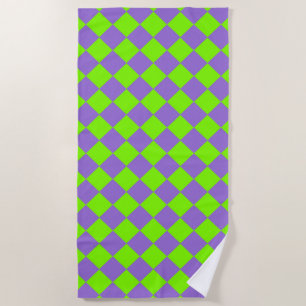 Purple Green Chequered Diamond Pattern Beach Towel
