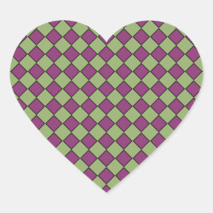 Purple Green Chequered Diamond Pattern Heart Sticker