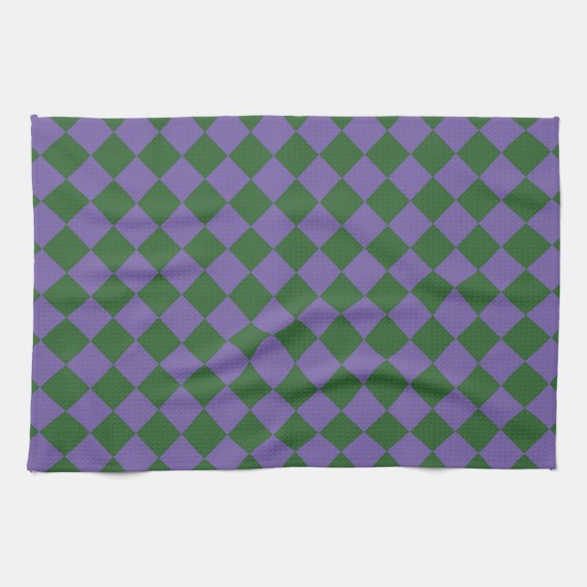 Purple Green Chequered Diamond Pattern  Kitchen Towel (Horizontal)