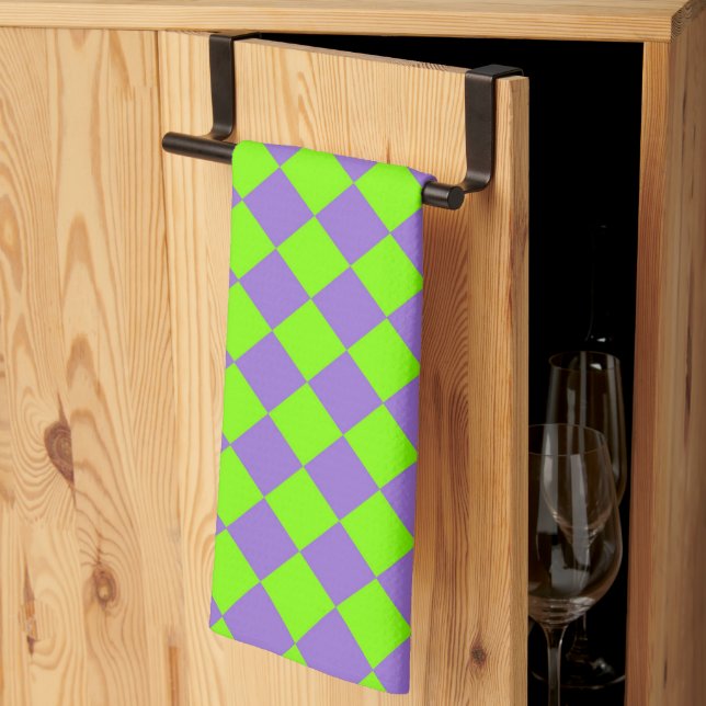 Purple Green Chequered Diamond Pattern Kitchen Towel (Thirds Fold)