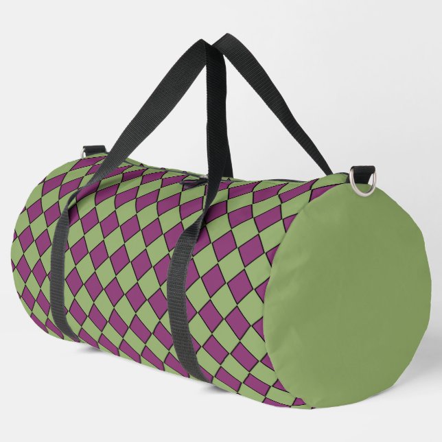 Purple Green Chequered Diamond Pattern Large Duffle Bag (Left Corner)