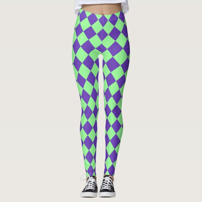 Purple Green Chequered Diamond Pattern  Leggings (Front)