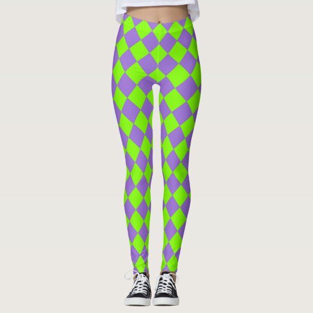 Purple Green Chequered Diamond Pattern Leggings (Front)