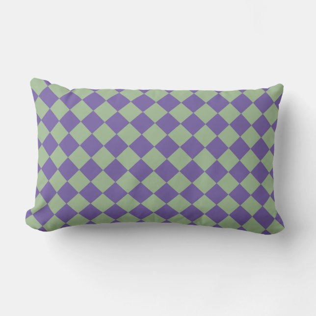 Purple Green Chequered Diamond Pattern Lumbar Pillow (Front)
