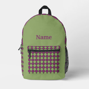 Purple Green Chequered Diamond Pattern Printed Backpack