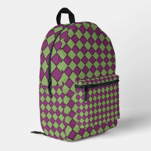 Purple Green Chequered Diamond Pattern Printed Backpack