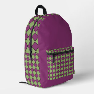 Purple Green Chequered Diamond Pattern Printed Backpack