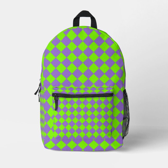 Purple Green Chequered Diamond Pattern Printed Backpack (Front)