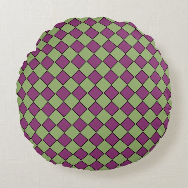 Purple Green Chequered Diamond Pattern Round Pillow (Front)