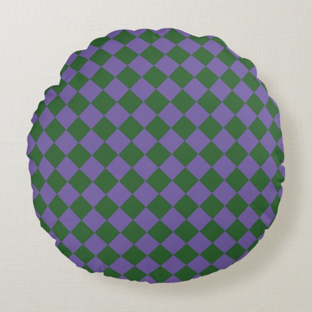 Purple Green Chequered Diamond Pattern  Round Pillow (Front)