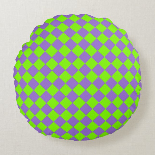 Purple Green Chequered Diamond Pattern Round Pillow (Front)