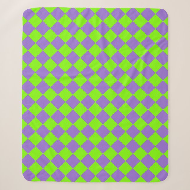 Purple Green Chequered Diamond Pattern Sherpa Blanket (Front)