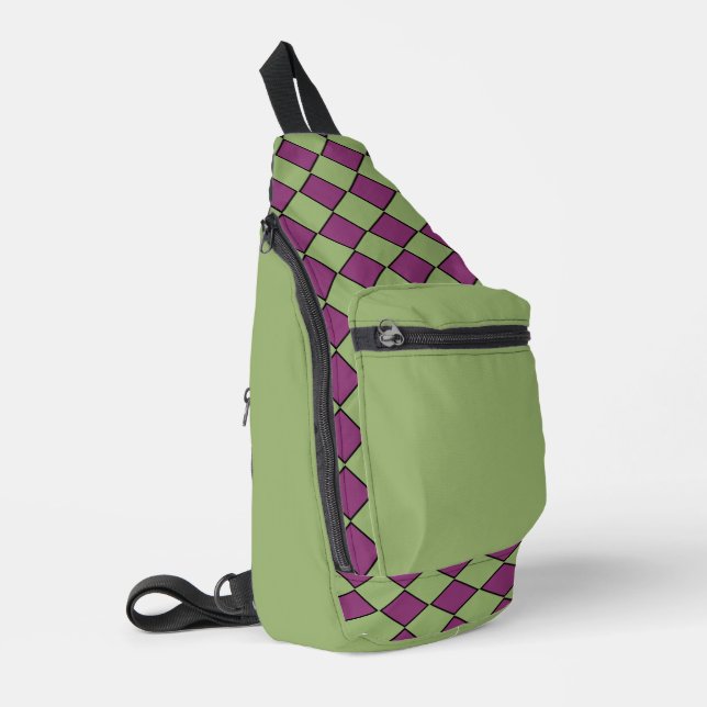 Purple Green Chequered Diamond Pattern Sling Bag (Left Corner)
