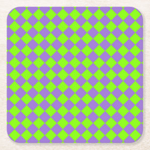 Purple Green Chequered Diamond Pattern Square Paper Coaster