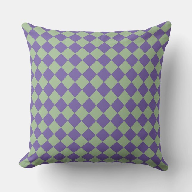Purple Green Chequered Diamond Pattern Throw Pillow (Front)