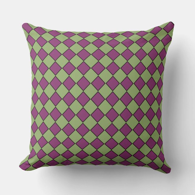 Purple Green Chequered Diamond Pattern Throw Pillow (Front)