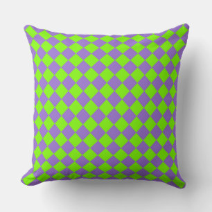 Purple Green Chequered Diamond Pattern Throw Pillow