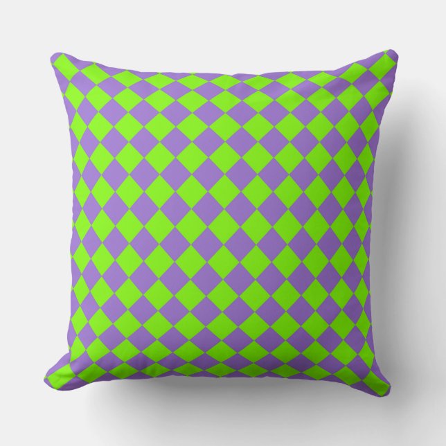 Purple Green Chequered Diamond Pattern Throw Pillow (Front)