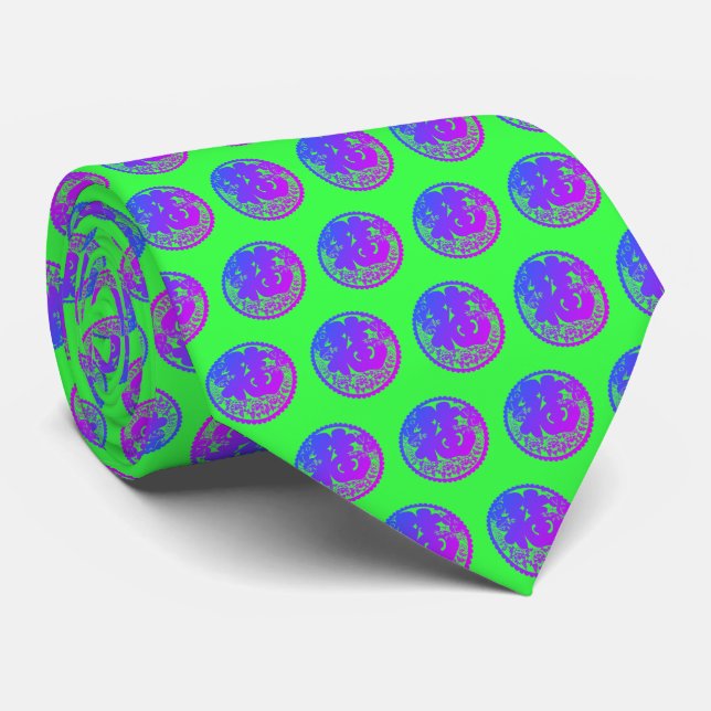 Purple Green Chinese Character Pattern Tie (Rolled)