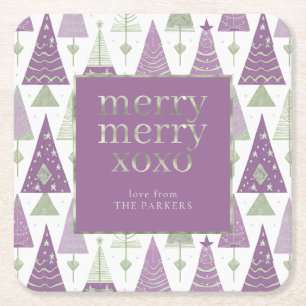 Purple Green Christmas Merry Pattern#25 ID1009 Square Paper Coaster