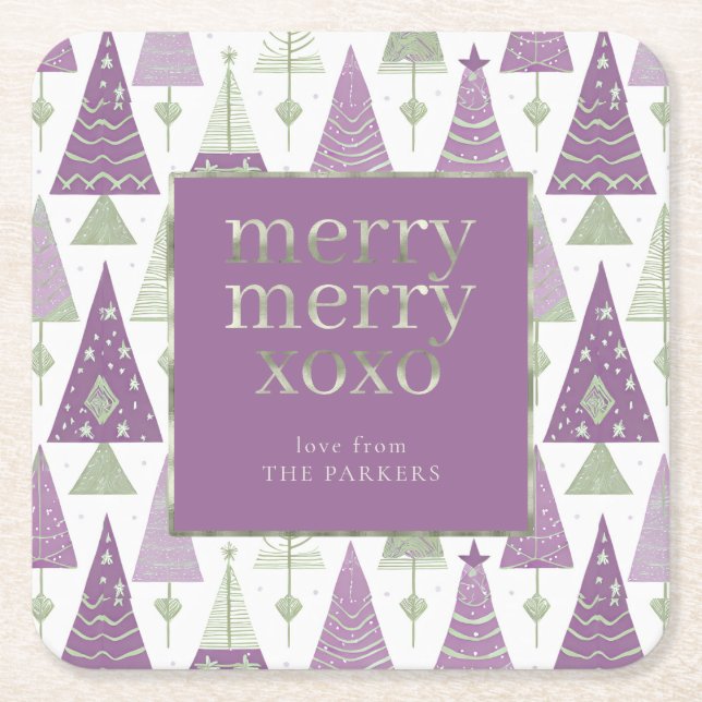 Purple Green Christmas Merry Pattern#25 ID1009 Square Paper Coaster (Front)