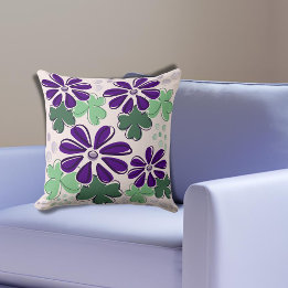 Purple & Green Clover & Flower Doodle Throw Pillow