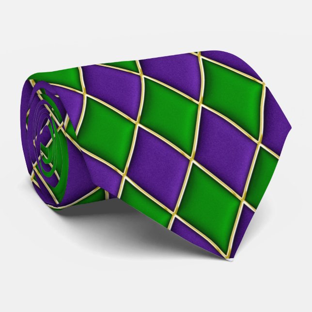 Purple & Green Diamond Pattern Mardi Gras Tie (Rolled)