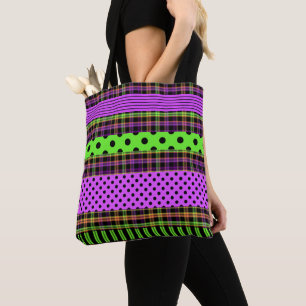 Purple Green Dots Stripes and Plaid Bright Coloure Tote Bag