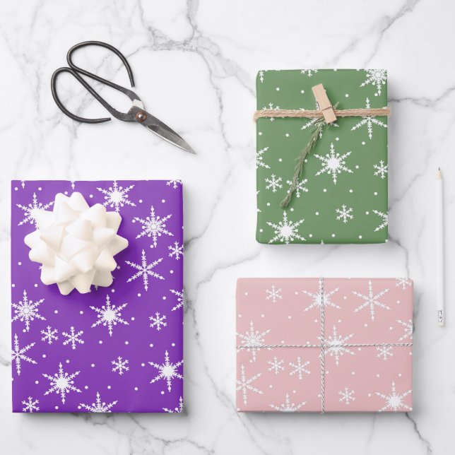 Purple Green Dusty Pink Christmas Snowflake Set of Wrapping Paper Sheet (Front)
