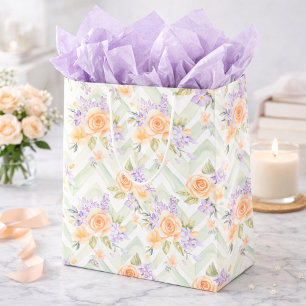 Purple Green Elegant Watercolor Floral Chevron Medium Gift Bag