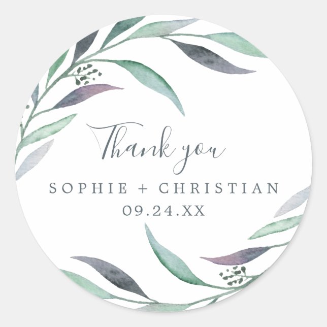 Purple & Green Eucalyptus Thank You Favour Sticker (Front)