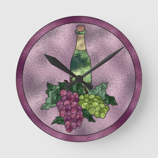 Purple Green Faux Stained Glass Wine and Grapes Round Clock (Front)