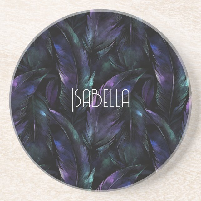 Purple Green Feathers Coaster (Front)