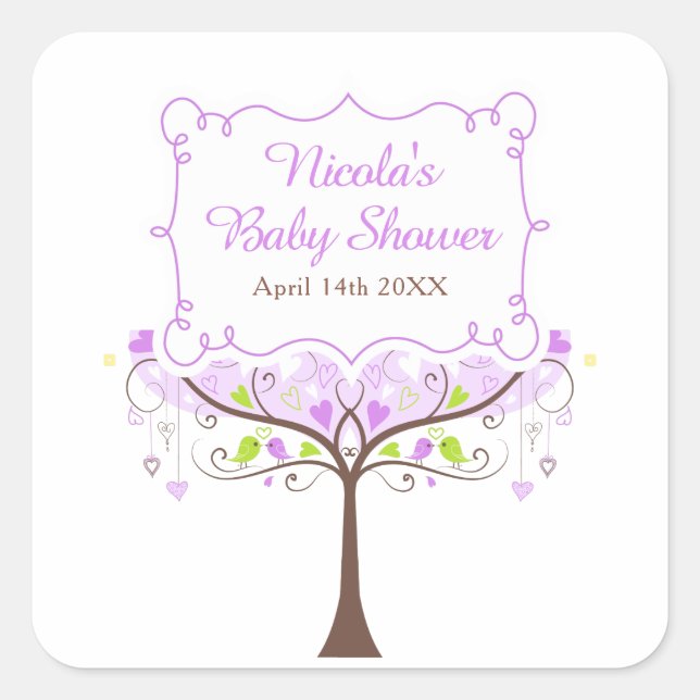 Purple & Green Floral Bird Baby Shower  Square Sticker (Front)