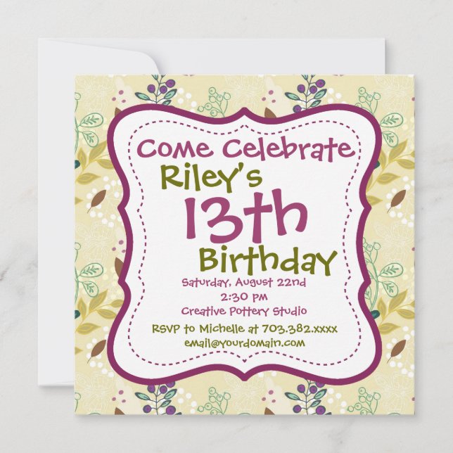 Purple Green Floral Invitations de fête d'annivers (Devant)