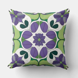 Purple Green Floral Medallion Botanical Geometric Throw Pillow