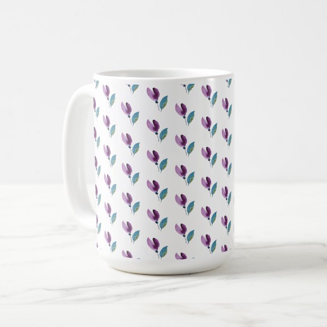 Purple Green Floral Watercolor Hand-painted Coffee Mug (Front Left)