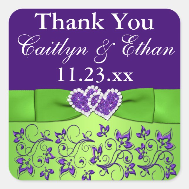 Purple, Green Floral Wedding Favour Sticker (Front)