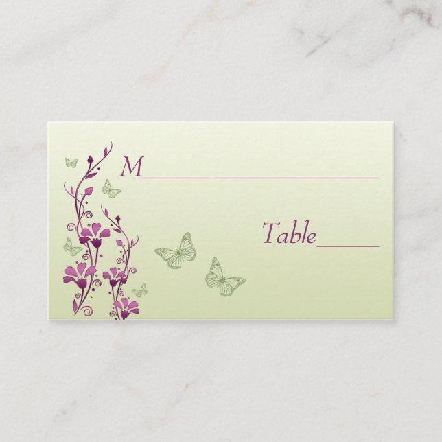 Purple, Green Floral with Butterflies Place Cards (Front)